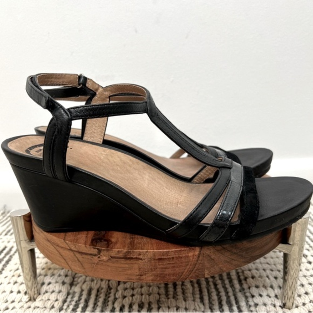 Abeo Lacey Black Wedge Leather Sandal Ankle Strap T-Strap Women's Size 8 Comfot